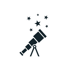 Black silhouette icon of a telescope on a tripod observing a cluster of five shining stars.
