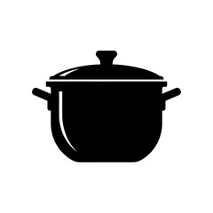 Black silhouette of a covered cooking pot with handles, simple vector illustration.