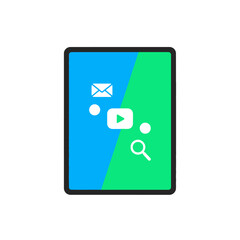 Black tablet device with a vibrant, diagonally split blue and green screen displaying modern flat white icons for media, mail, and search.