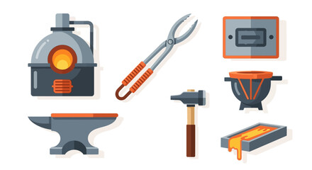 Blacksmithing Tools and Equipment - Anvil, Forge, Tongs, Hammer, and Crucible.