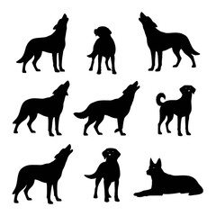 Collection of various black dog and wolf silhouettes depicting different poses and expressive actions, including standing, howling, and resting canines, perfect for diverse design projects
