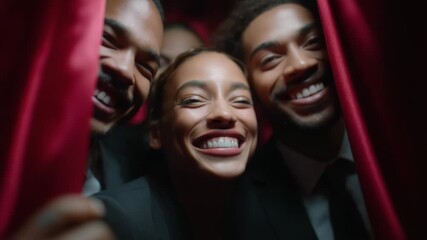 Joyful Moments Captured Behind the Curtain: Friends Sharing Laughter and Smiles in a Cozy, Intimate Setting, Celebrating Life's Happy Times Together in Their Elegant Attire