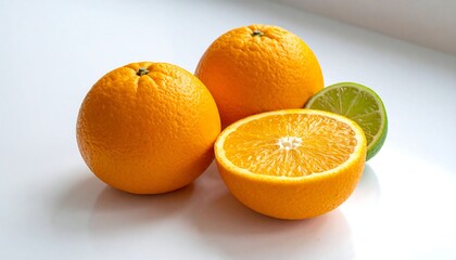 Three oranges, one halved, and a lime on a white surface
