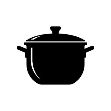 Black silhouette of a covered cooking pot with handles, simple vector illustration.