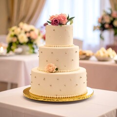 Three-tiered white cake with pink roses on top, pearl beads, and gold accents