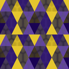 Seamless bright geometric pattern. Yellow and purple diamonds and triangles.