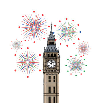 Big Ben illuminated under brilliant New Year fireworks