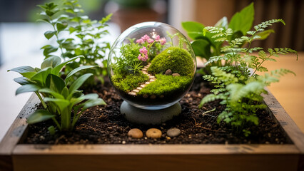 Miniature garden in glass globe surrounded by lush greenery and soil