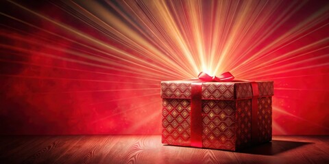 A Festive Red Gift Box with a Radiant Golden Light Beam on a Wooden Surface