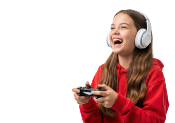 young caucasian girl (14) in a red hoodie and white headphones, laughing joyfully while gaming, holding a controller against a transparent studio background. concept of fun and engaging leisure