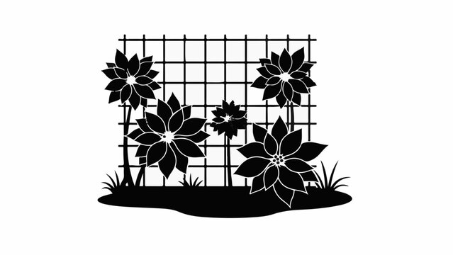 Stylized blooming flowers climbing a trellis in a garden silhouette