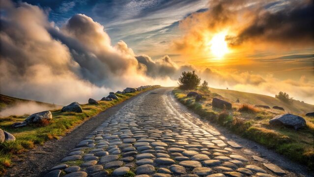 Serene sunrise illuminates a cobblestone path winding through a mystical mountain landscape, enveloped in a breathtaking sea of clouds at dawn.