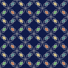 Seamless bright geometric pattern. Multicolored shapes on a dark blue background.
