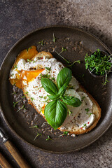 bruschetta with cottage cheese, poached egg and basil
