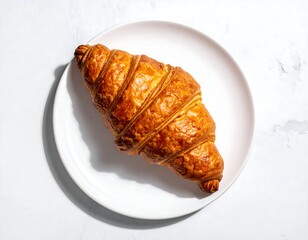 Top-down shot of a golden, flaky pastry on a white plate