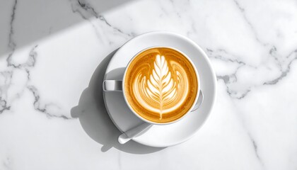 Top-down shot of a latte art coffee cup on a marble surface