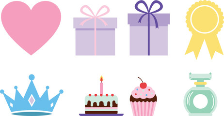 Collection of celebratory icons including heart gifts crown cake cupcake and perfume