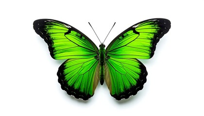 Top-down view of a bright green butterfly on a clean white backdrop