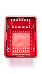 Top-down view of a bright red, empty, plastic shopping basket