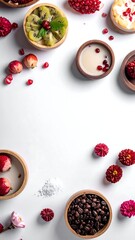 Top-down shot of various fruits and desserts in wooden bowls