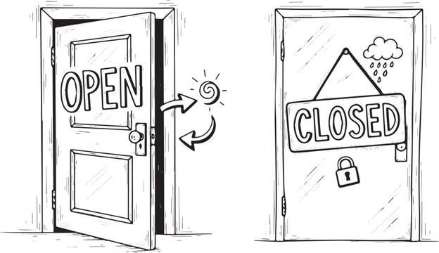 Open and Closed Doors Symbolizing Opportunity and Obstacles.