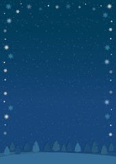 Winter Snowflake Frame Background with Forest and Falling Snow &ndash; Red_Vertical