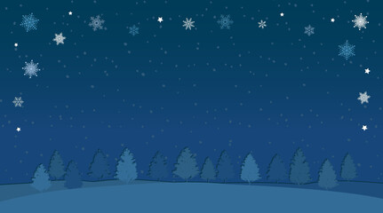 Winter Snowflake Frame Background with Forest and Falling Snow &ndash; Dark Blue_Horizontal