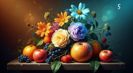Vibrant digital still life of glowing fruit and flowers