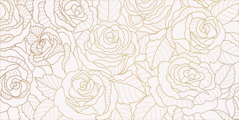 Luxury golden rose flower line art background vector. Natural botanical elegant flower with gold line art. Design illustration for decoration, wall decor, wallpaper, cover, banner, poster, card.