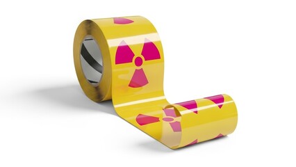 Yellow caution tape with pink radiation hazard symbols warning barrier for hazardous materials isolated on white background