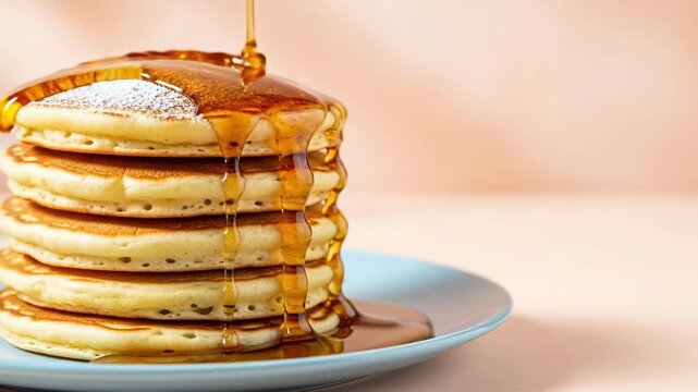 Delicious stack of pancakes with syrup drizzling and melting butter on blue plate
