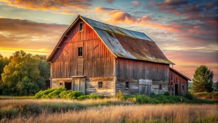 Obraz premium Rustic wooden barn bathed in the warm glow of a vibrant sunset, surrounded by tall grass and lush greenery