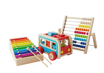 ultra-detailed, polished wooden xylophone, shape sorter, and abacus, featuring vibrant rainbow and primary colors in high-key studio product photo. concept of structured learning and safety
