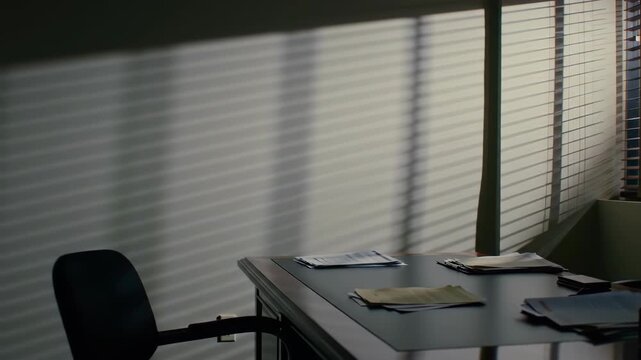 Interior office setting featuring desk, chair, and window blinds casting shadow lines