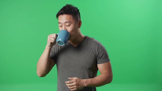 Smiling athletic man with beverage cup against green screen