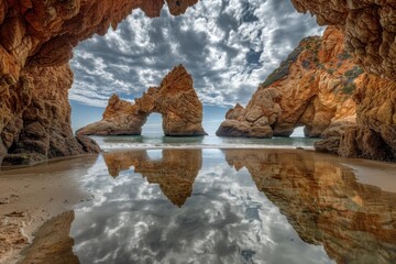 A stunning view of rocky arches framed by a cave, with reflections in the water and dramatic clouds above, showcasing the beauty of nature.