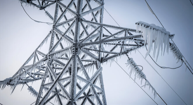 Icy grip of a fierce winter storm encases an electricity pylon, a testament to nature's powerful forces and the resilience of infrastructure