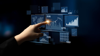 A user engages with a digital interface showcasing various financial metrics, graphs, and data visualizations, emphasizing technology and business analysis. Scalp