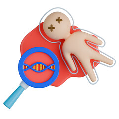 3D scientific illustration showing a crime scene outline, dead body, blood stain and magnified DNA, represents forensic investigation, genetic evidence collection and identification.