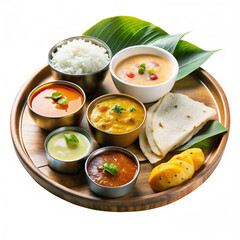 South Indian thali with rice curries chutneys and flatbreads in a classic flavorful spread image