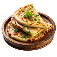 Stacked folded naan bread garnished with fresh herbs in a simple appetizing presentation image