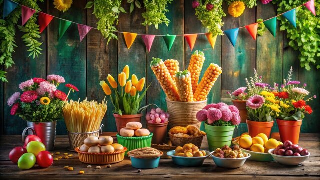 A vibrant still life showcasing an abundance of colorful springtime produce and flowers arranged festively against a rustic wooden backdrop.