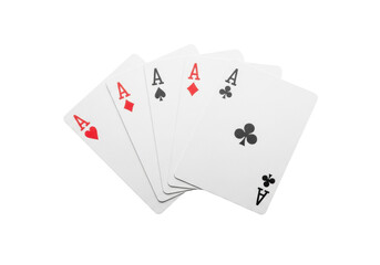 Obraz premium pristine, sharp four aces poker hand (hearts, spades, diamonds, clubs) fanned in an arc on a transparent background, macro studio shot with high-key lighting. concept of ultimate luck and victory