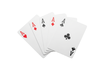 pristine, sharp four aces poker hand (hearts, spades, diamonds, clubs) fanned in an arc on a transparent background, macro studio shot with high-key lighting. concept of ultimate luck and victory