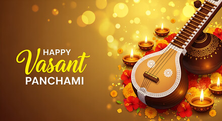 A vibrant banner for Vasant Panchami featuring warm colors, musical instruments, and festive decorations symbolizing celebration and joy