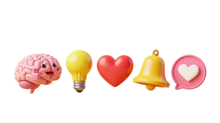 Colorful 3D icons of a brain, lightbulb, heart, bell, and chat bubble