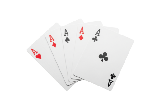 pristine, sharp four aces poker hand (hearts, spades, diamonds, clubs) fanned in an arc on a transparent background, macro studio shot with high-key lighting. concept of ultimate luck and victory - Powered by Adobe