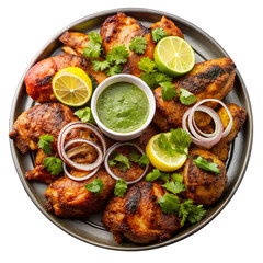 Tandoori chicken platter with lemon onions and green chutney in a rich aromatic serving image