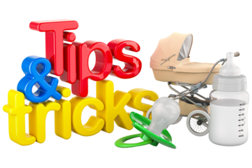 Newborn Care Tips and Tricks, parenting tips. Inscription with baby bottle, transparent background