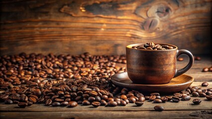 A rustic earthenware coffee cup filled with roasted coffee beans rests on a wooden saucer, surrounded by a generous scattering of more beans on a dark wooden surface.